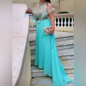 Terani Couture Blue Rhinestone Prom Dress Size 12 Backless